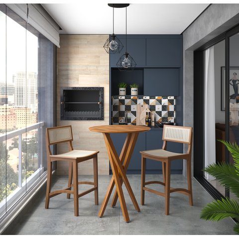 Kit 2 Banquetas Alta Karina Rattan Luxo Balcão Banco Puff Pés em Madeira Maciça Sacada Hall Cor Bege