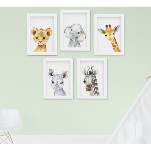 Kit Quadro Infantil Bebê Menino Menina Safari Aquarela 5 Peças
