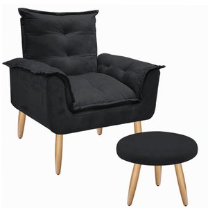 Kit Poltrona Opala Talita Cadeira Decorativa + Puff Redondo Pés Palito Mercado Dos Móveis:preto