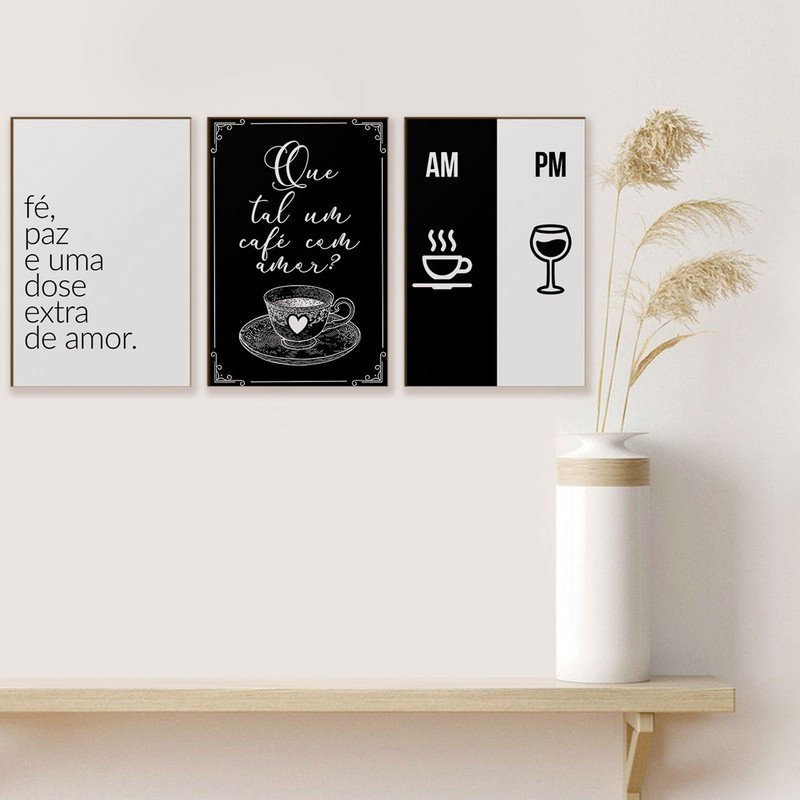 Kit 3 Quadros Decorativos Café Vinho Frases Amor Sala Cozinha - 2