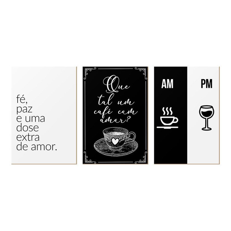 Kit 3 Quadros Decorativos Café Vinho Frases Amor Sala Cozinha - 1