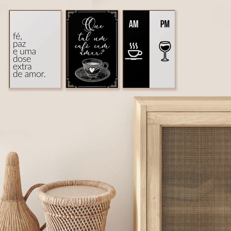 Kit 3 Quadros Decorativos Café Vinho Frases Amor Sala Cozinha - 3