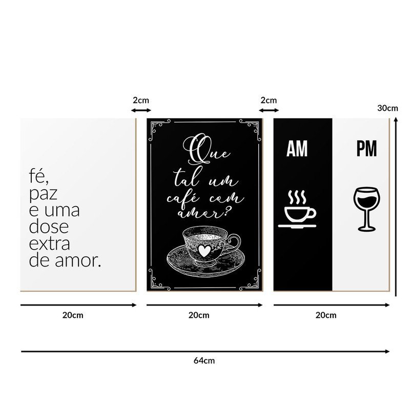 Kit 3 Quadros Decorativos Café Vinho Frases Amor Sala Cozinha - 5