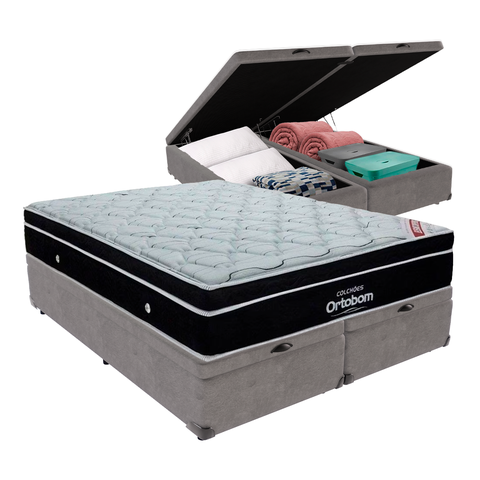 Cama Box Baú Bipartido Queen Cinza e Colchão Elegant Superpocket Molas Ensacadas Ortobom