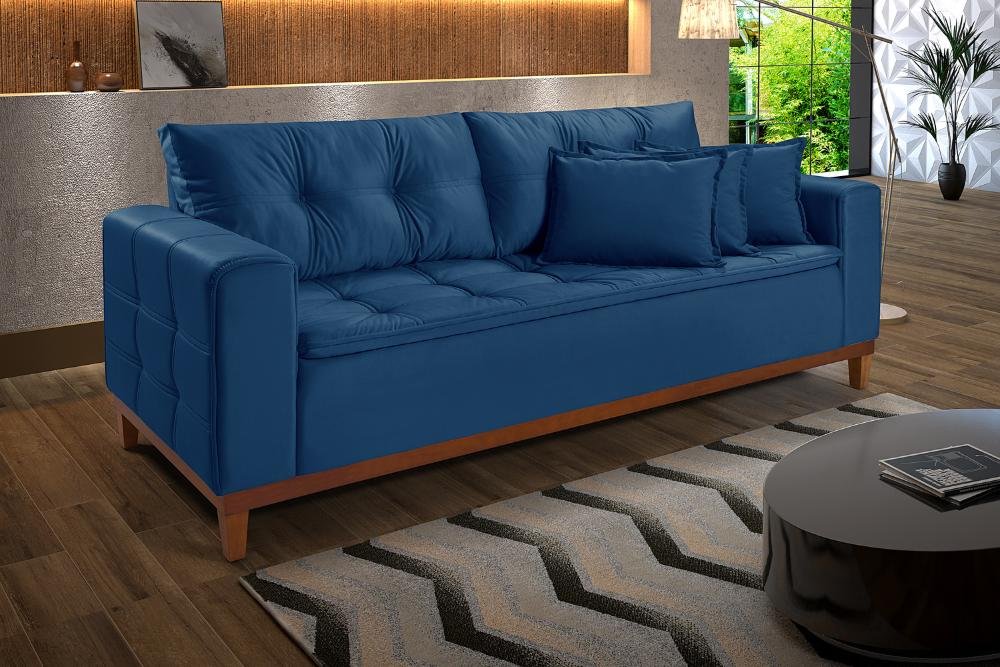 Sofá Atenas 2,00 Veludo Azul Marinho Base Madeira Living Império Estofados