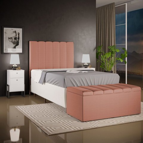 Kit Cabeceira Cama Box Solteiro 100cm com Calçadeira Baú Dália W01 Linho Rosê - Lyam Decor