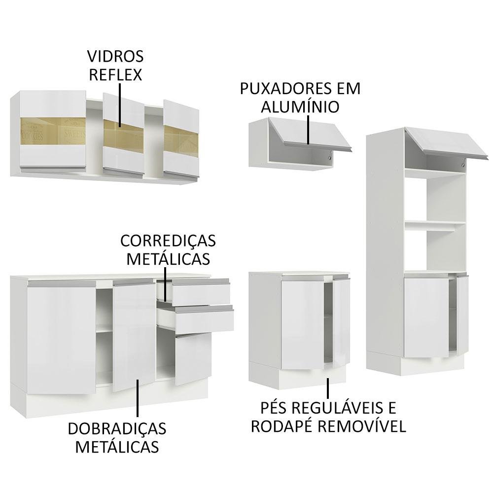 Armário de Cozinha Completa 100% MDF 250 cm Frentes Branco Brilho Smart Madesa 02 - 5