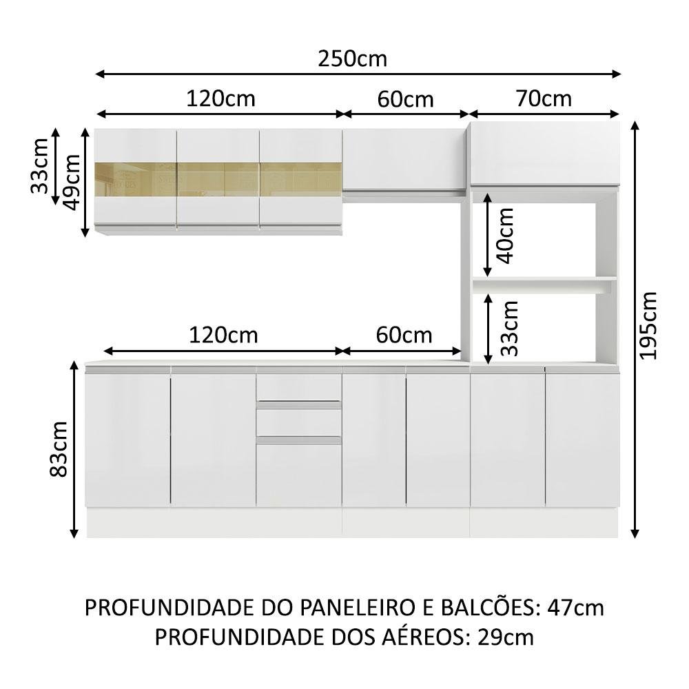 Armário de Cozinha Completa 100% MDF 250 cm Frentes Branco Brilho Smart Madesa 02 - 4