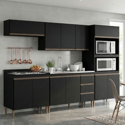 Armário de Cozinha Completa Modulada Milão Menu Móveis Preto