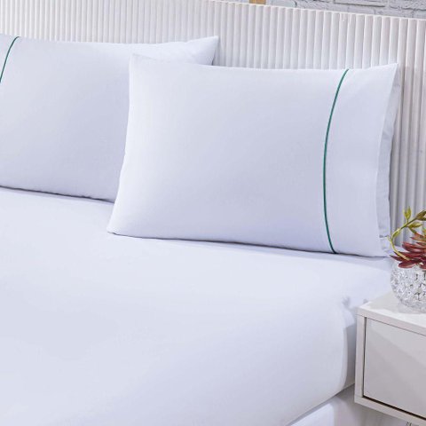 Jogo de Cama 100% Algodão Percal 150 Fios Solteiro Gran Moratta 2 Peças Branco e Detalhe Verde