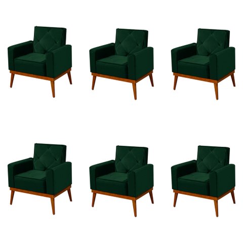 Kit 6 Poltronas Decorativa Florença Pés em Madeira Maciça Estofado Veludo - Verde
