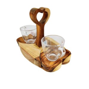 Jogo De 2 Xícaras Café Com Pires 75ml Madeira Teca Coração