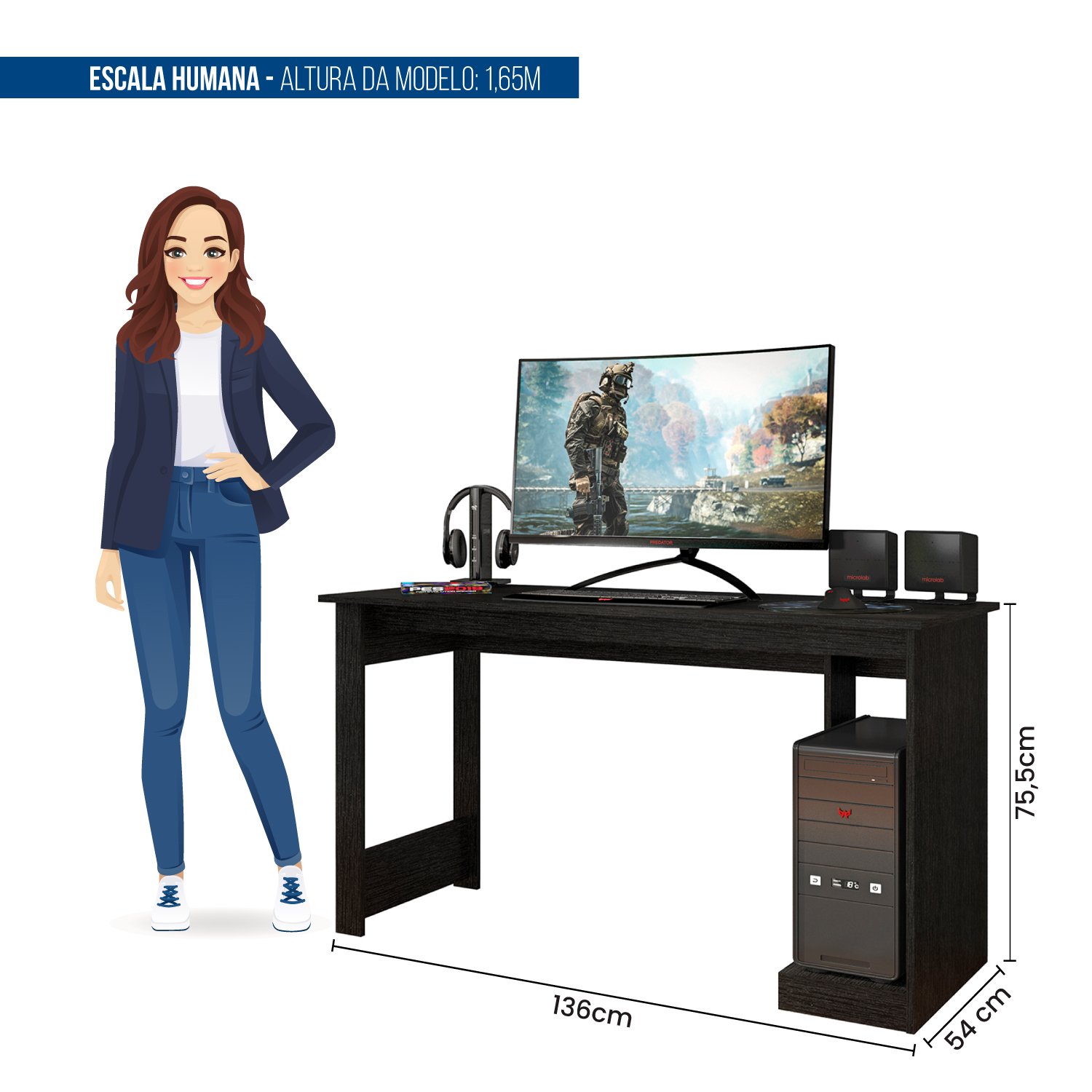 Mesa Gamer Escrivaninha 136cm com Apoio para CPU  - 8