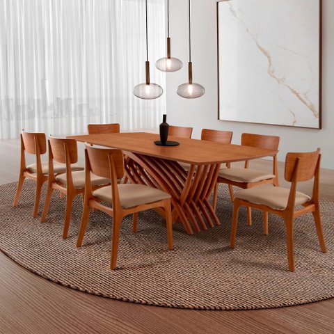 Conjunto Sala de Jantar Mesa Venus Tampo 220cm Laminado Barril e 8 Cadeiras Viena Gold