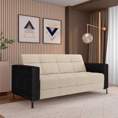 Sofá Living Decorativo Houston 2 Lugares 160cm Pés em Metal Linho/ Pu Bege/ Preto G33 - Gran Belo