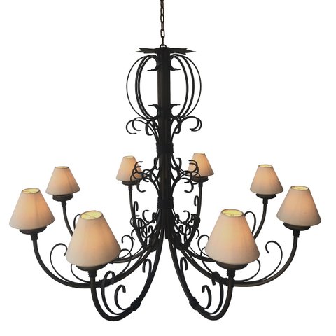 Pendente de Ferro Artesanal de Teto 8 Lampadas com Cúpulas de Algodão Libertas Rosas Artesanato Roco