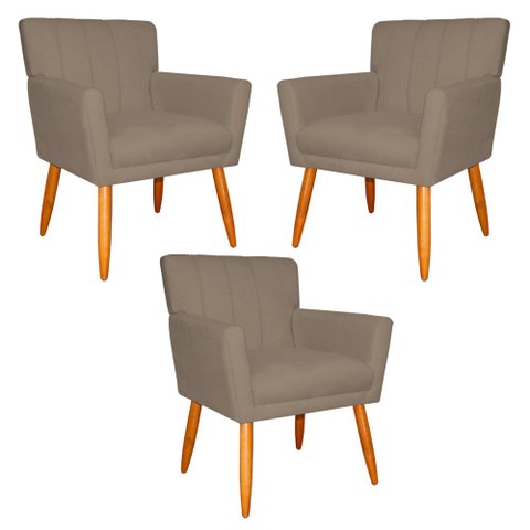 Kit 3 Poltronas Decorativa para Sala de Estar Cecília Suede Cappuccino - Montanaris Decor Md Montana