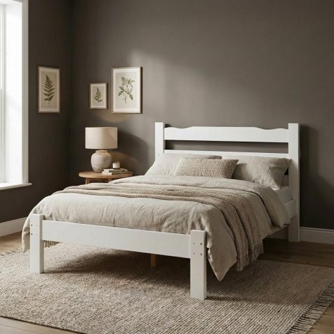 Cama de Casal Esmeralda em Madeira Maciça Branco Repleta