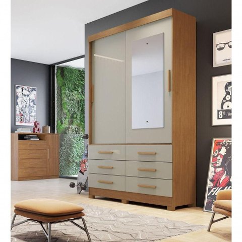 Guarda Roupa Solteiro Buriti 2 Portas Correr 6 Gavetas MDP com Espelho Cumaru-Fendi