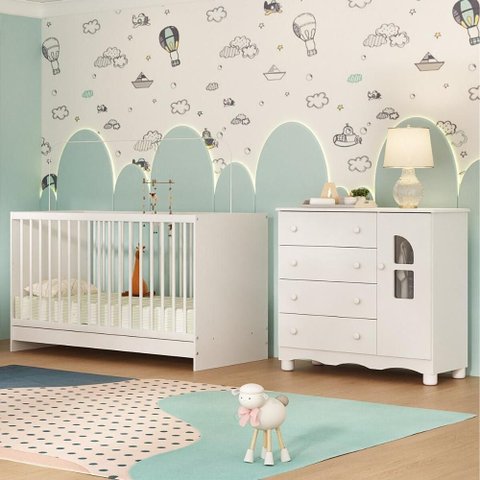 Berço 3 em 1 para Colchão 130x60cm com Cômoda 1 Porta 4 Gavetas Aurora Multimóveis Mp4762 Branco