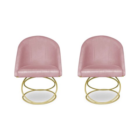 Kit 2 Poltronas Cadeiras de Jantar Luxo Estofada Base Metal Dourado Sala Cozinha Recepção Suede Rosa