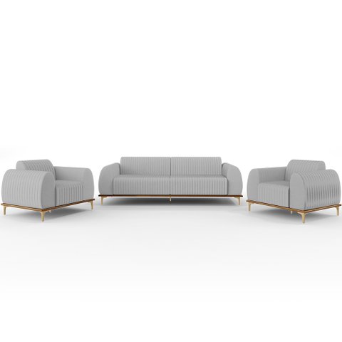 Kit Sofá 3 Lugares 180cm com 2 Poltronas Molino Pés D'ouro D02 Linho Cinza D-315 - Lyam Decor