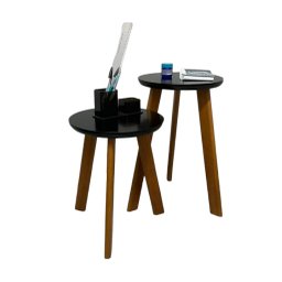 Duas Mesas de Canto Pé Palito Tripé Madeira para Sala Quarto:preto - 2