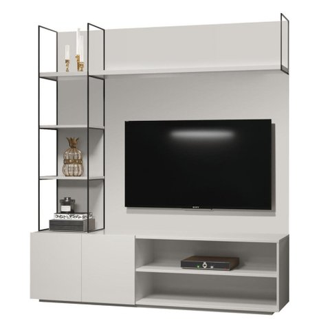 Estante Home Theater Izac Universum 180 cm Laca Cinza Claro Off White Brilhante