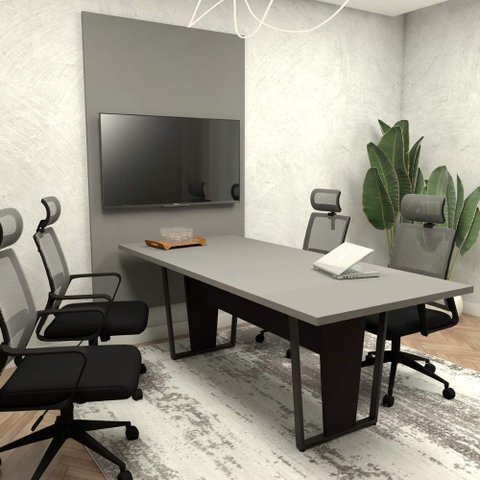 Conjunto Escritório Mesa 2,00m Pé Metal Painel P/ Tv Csp F5 Cor:cinza Sagrado com Preto