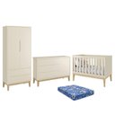 Ver imagem 1 de Dormitório Infantil Classic 2 Portas, Cômoda 1 Porta, Berço Areia Fosco com Pés Madeira Natural