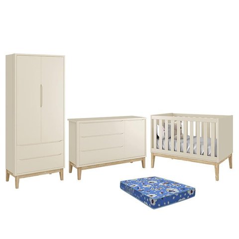 Dormitório Infantil Classic 2 Portas, Cômoda 1 Porta, Berço Areia Fosco com Pés Madeira Natural