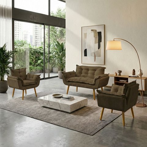 Kit Namoradeira Decorativa e 2 Poltronas Confortável para Sala Recepção Manicure Alice Suede