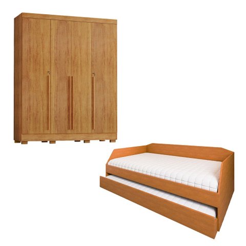 Conjunto Quarto Bicama Duo com Cama Auxiliar + Guarda-Roupa Casal Domus Max 4 Portas - Nature/Cedro