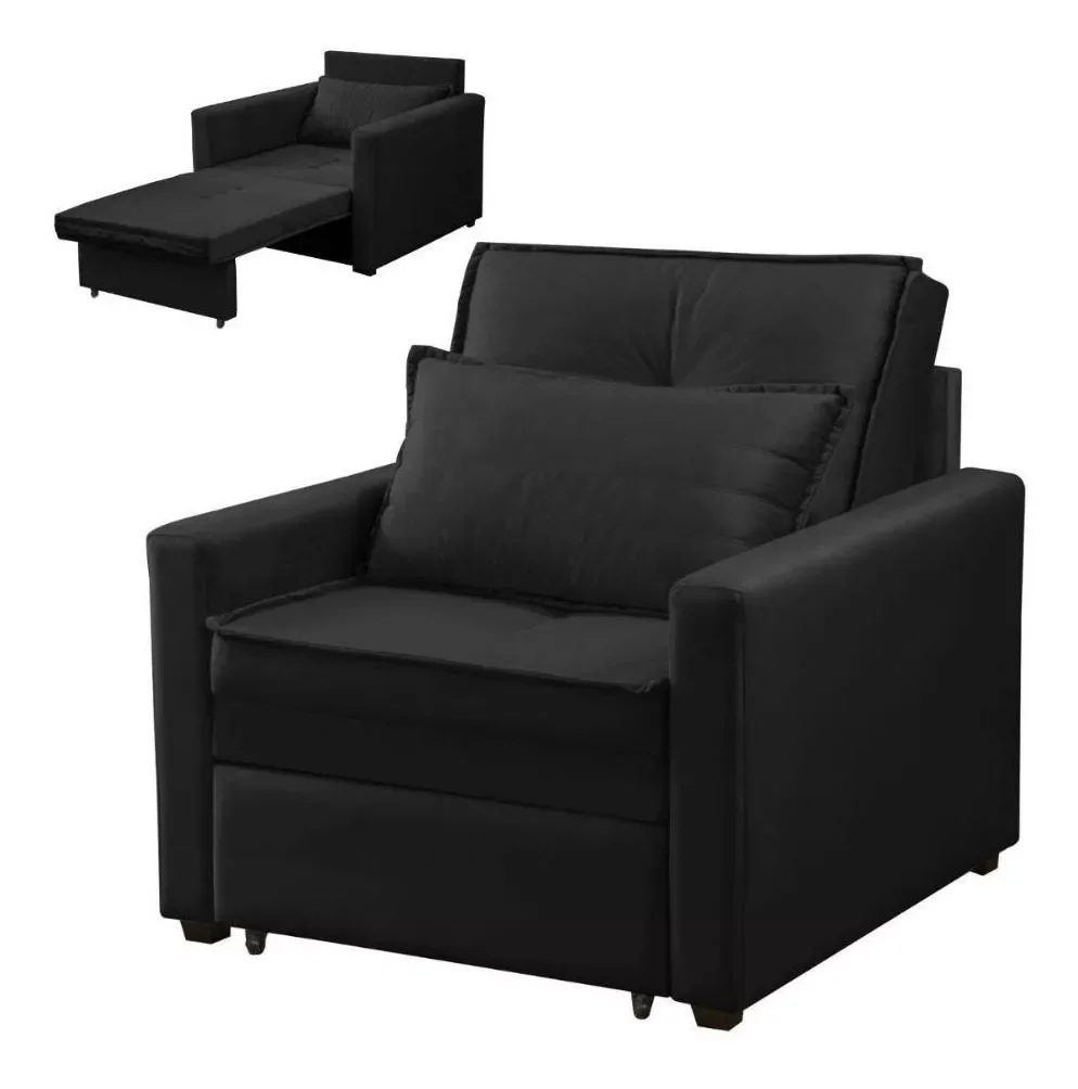 Poltrona Cama Solteiro Assento Dobrável Veludo Preto Sleep - Harmônica Móveis