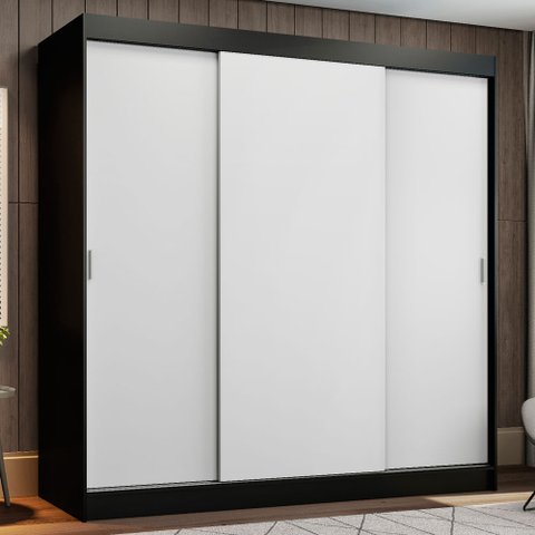 Guarda-Roupa Casal Madesa Reno 3 Portas de Correr Preto/Branco Cor:Preto/Branco