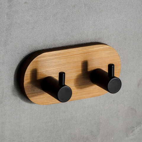 Gancho Adesivo sem Furo Duplo de Bambu e Metal Preto Porta Toalhas - Natural