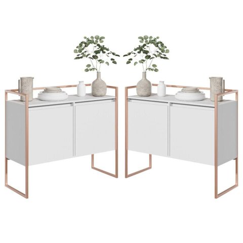 Conjunto Buffet e Aparador Renoir Industrial 2 Portas MDP Branco Plata Móveis