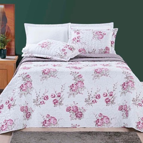 Kit Cobre Leito Colcha Celi Casal Padrão Dupla Face Micropercal 200 Fios 3 Peças - Palha Florido