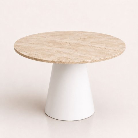 Mesa de Jantar Cone Redondo 160 cm Tampo Mármore Travertino Base Laca Branca