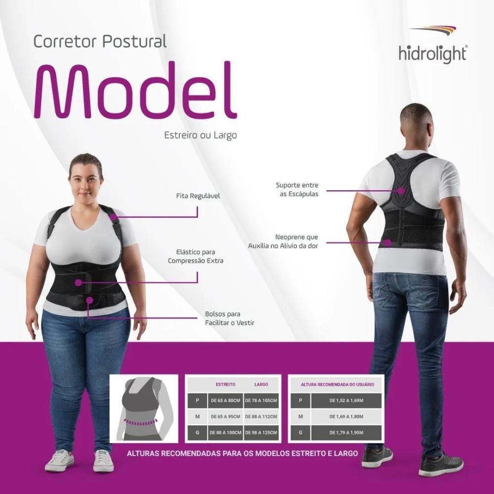 Corretor Postural Model Estreito Hidrolight OR1456, Cor: PRETO, Tamanho: M - 6