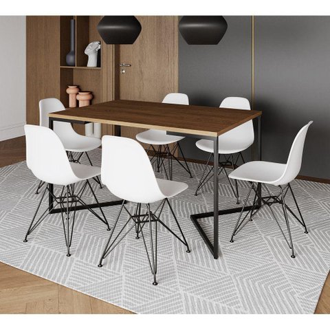 Mesa Industrial Jantar Retangular 137X90Cm Amêndoa Base V Com 6 Cadeiras Brancas Ferro Amendoa