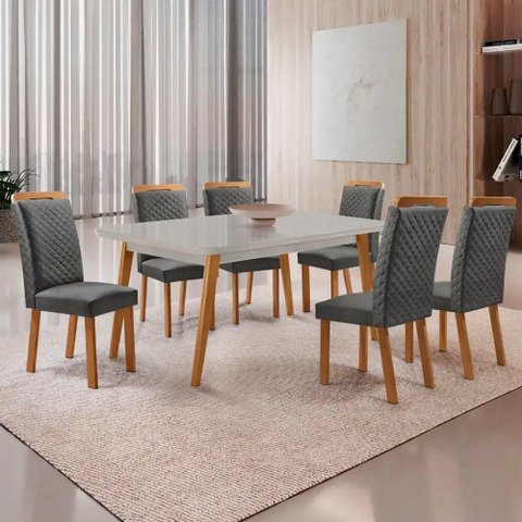 Mesa Copper 6 Lugares MDF Vidro com Cadeiras Lorena Linho Grafite 180cm Moderna