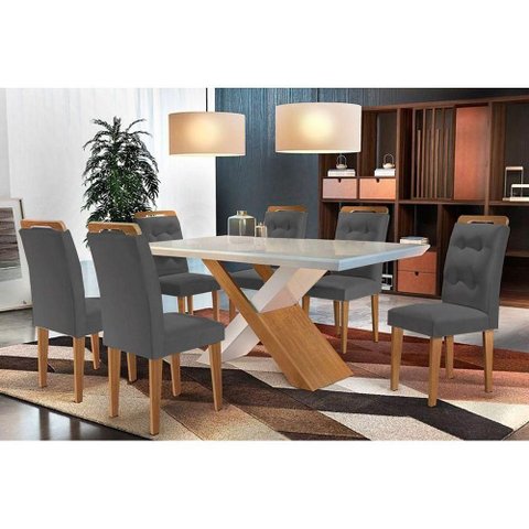 Conjunto: Mesa Sala Jantar Imperatriz Tampo Madeirado C/ Vidro Canto Reto 180x90cm e 6 Cadeiras