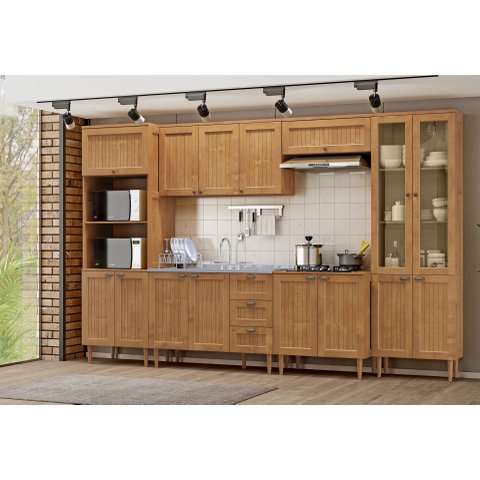 Cozinha Modulada em Madeira 15 Portas e 3 Gavetas com Torre Quente 2 Fornos e Cristaleira Versalles