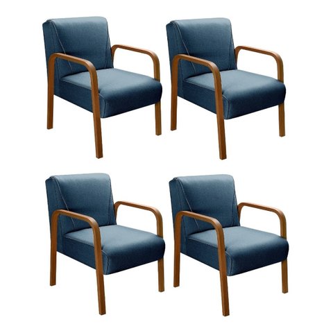 Kit 04 Poltronas Cadeiras Decorativas Anita Para Sala Mesa De Jantar Quarto Recepção - Linho Azul