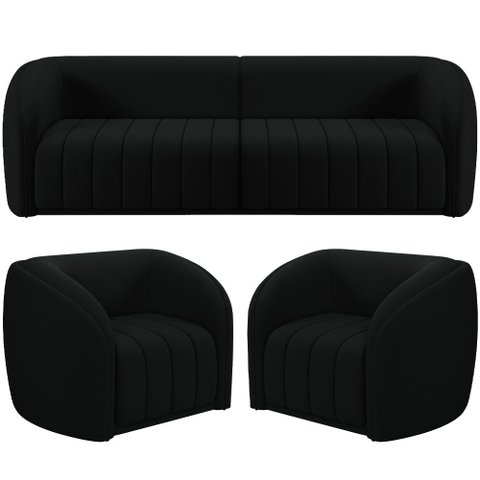 Kit Sofá 5 Lugares para Sala 332cm com 02 Poltronas Lazio M03 Veludo Preto - Lyam Decor