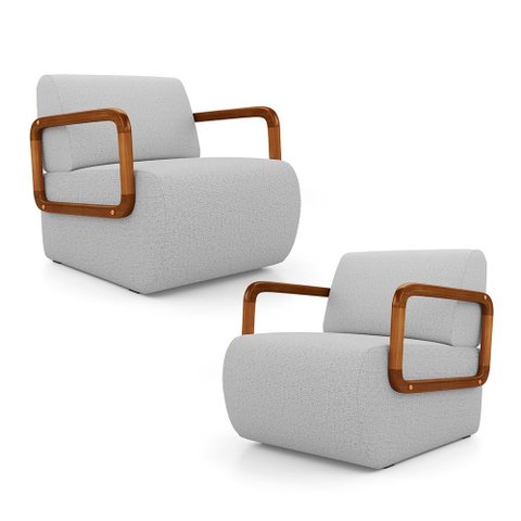Kit 02 Poltronas Decorativas Orgânica Living Kavya Linho Cinza Claro - Desk Design