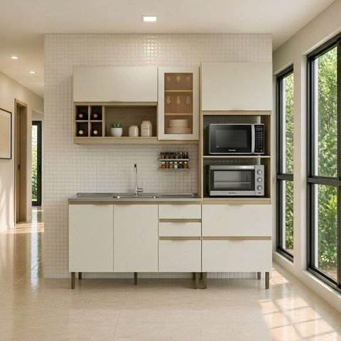 Cozinha Compacta Modulada 3 Peças com Aéreo Torre Quente e Balcão sem Tampo Nanda