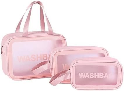 Kit 3 Bolsas Necessaires Washbag Transparente Organizador Maquiagem Bolsa À Prova de Água:rosa