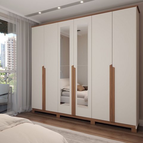 Guarda-roupa Casal Calábria 6 Portas 6 Gavetas Espelho Nature/off White - Panorama Móveis